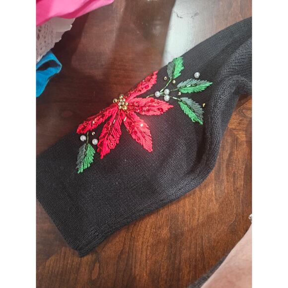Vintage Victoria Jones Christmas Holiday Poinsetta Black Cardigan Sweater Sz S - Picture 4 of 6